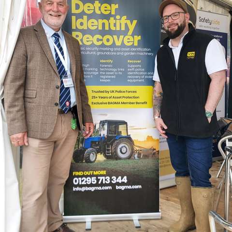 Brian Sangster of BAGMA and Mike Morton of VIN Chip on the BAGMA stand at the Royal Highland Show 2026.