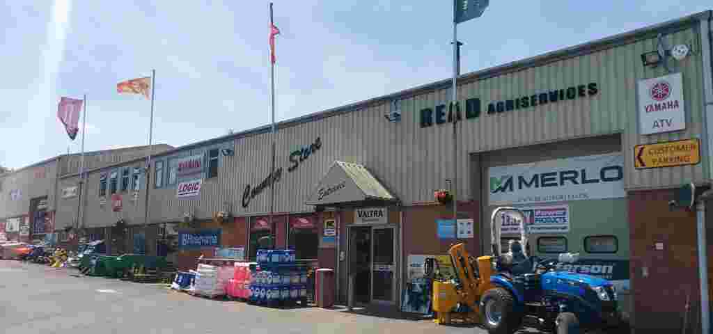 Front of Read Agriservices premises displaying a range of agricultural machinery in Somerset