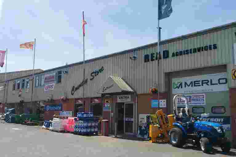 Front of Read Agriservices premises displaying a range of agricultural machinery in Somerset