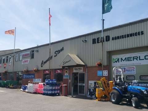 Front of Read Agriservices premises displaying a range of agricultural machinery in Somerset